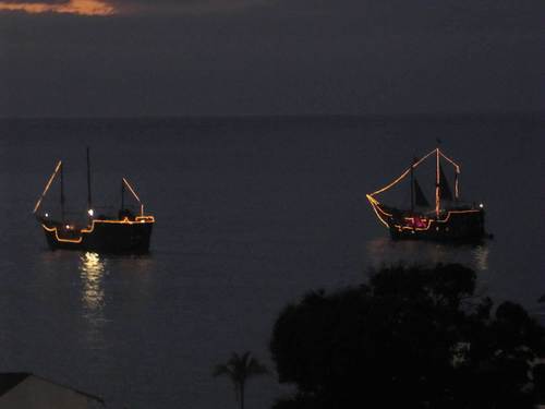 2 Historical Pirate Boats passing by in front of Casa Almendra